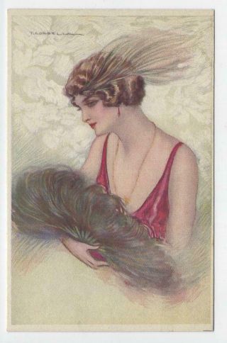Artist Signed Tito Corbella Art Nouveau Woman With Fan 1 Postcard Vtg