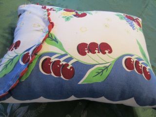 Vintage Tablecloth Throw Pillow W Cover Cherries Plums White Red Envelope Style 2