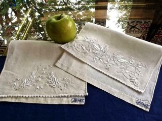 2 Antique White Linen Finger Towels Fab Spanish Embroidery Palma De Mallorca Tag