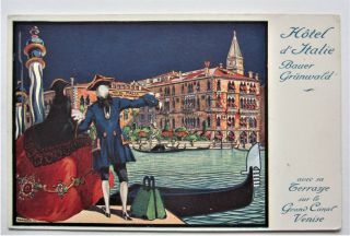 Art Deco Venice Italy Hotel Gondola Couple Advertising Postcard