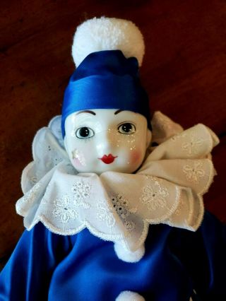 Vintage Large Clown Doll Porcelain Face Hands Feet And Blue Satin Outfit