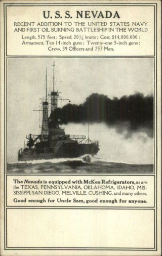 Us Navy Battleship Uss Nevada Equipped W/ Mckee Refrigerators C1910 Postcard