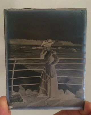 Antique Photographic Glass Dry Plate Negative Niagara Falls Woman Waterfalls Vtg