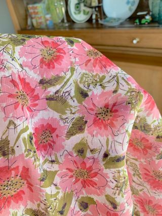 4 Yards Vtg Lightweight Semi Sheer Floral Cotton Fabric Pink Olive Green 50s 60s