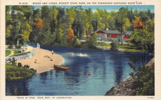Beach & Lodge,  Pickett State Park,  Tennessee - Kentucky Ca 1940s Postcard