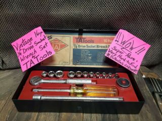 Vintage 19 Pc Tat Tools 1/4 " Drive Socket Wrench Set W/ Metal Box