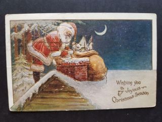 1908 Vintage Postcard Greeting Holiday Santa On Roof With Presents Usa Stamp