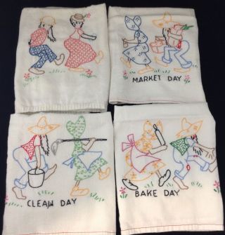 Vtg Hillbilly Hand Embroidered Day Of Week Tea Towels Set Of 4 Kitchen Cotton