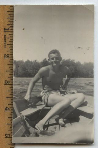 Vintage Gay Interest Photo Handsome Shirtless Cute Young Man Swimsuit In Boat
