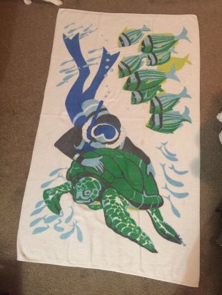 Vtg 70s Cotton Beach Bath Towel Scuba Diver Turtles Fish 35 " X 60 " Signed