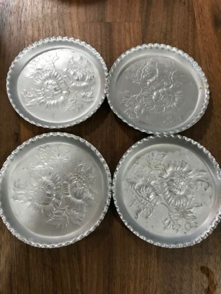 Set Of 4 Vintage Aluminum Coasters With Flowers