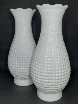 2 Vintage White Milk Glass Hobnail / Corn Row Hurricane Chimney Oil Lamp Shade