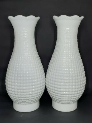 2 Vintage White Milk Glass Hobnail / Corn Row Hurricane Chimney Oil Lamp Shade 2