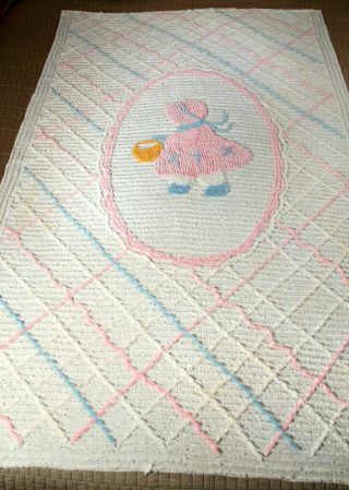 Vintage Chenille Bedspread Plush Sunbonnet Sue Child Baby Doll Crib 62x41 "