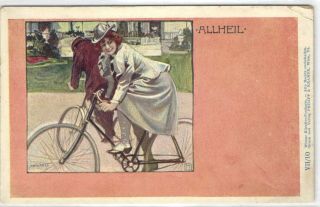 Bicycle,  Elegant Lady On A Bicycle,  Allheil,  Old Artist Signed Pc Pre.  1905