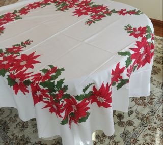 Screen Print Tablecloth 60 " X 70 " Poinsettia Holiday Christmas Vintage
