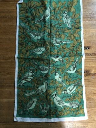 Lois Long Vintage Linen Hand/tea Towel Green/birds Mid - Mod Century 1950/60 
