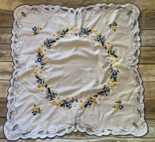 Embroidered Cutwork Blue Yellow Floral Polyester Tablecloth 33” Scalloped Edge