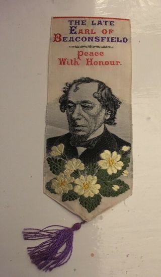 Extremely Rare Stevengraph Silk Bookmark Of The Late Earl Of Beaconsfield