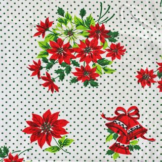 Vintage Christmas Tablecloth,  Fabric,  Green Dots,  Red Poinsettia,  Bells,  78x60