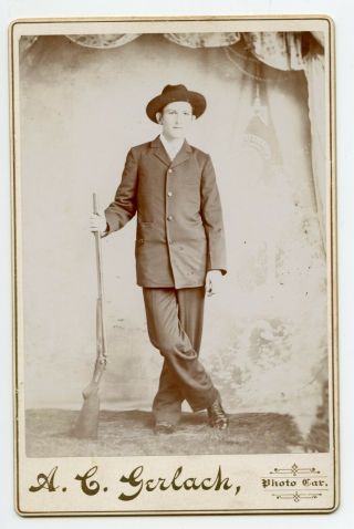 Cabinet Card Young Man Posing With A Rifle Gun 1890 