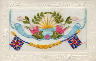 Union Jack Flags With Sunrise Over Sea: Ww1 Patriotic Embroidered Silk Postcard