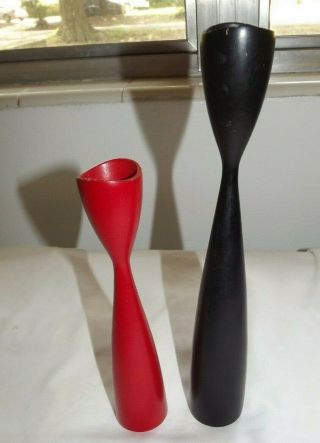 2 Vintage Denmark Mid Century Tall Black & Red Wood Candlestick Candle Holder