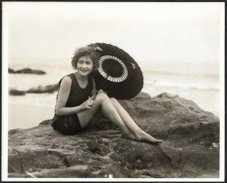 Adorable Jazz - Age Bathing Beauty Pin - Up With Parasol Vintage 1920s Photograph