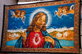 Vintage Jesus Sacred Heart Tapestry,  Large 36 " X 56 " Wall Hanging 70 