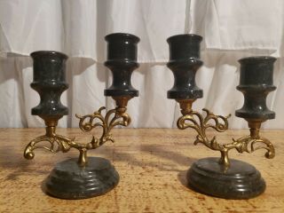 Double Candle Holders Marble And Brass Vintage Set 2