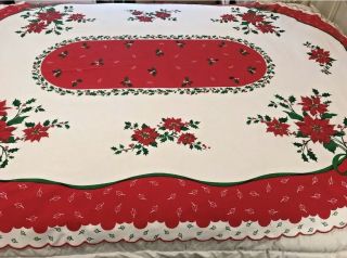 Christmas Poinsettia Holly Table Cloth 62x84 Oval Red Green Co