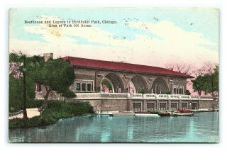 Vintage Postcard Hand Colored Boathouse Lagoon Humboldt Park Chicago Illinois M1