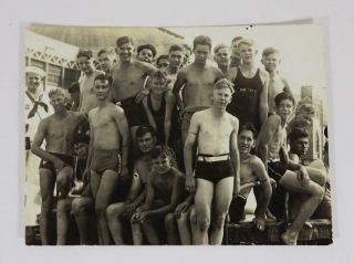Vintage 1936 Photo Post Card Young Boys In Bathing Suits Leaving Bath House