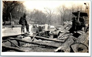 Illinois Rppc Real Photo Postcard Saw Mill Scene / Steam Tractor " Port Byron Il "