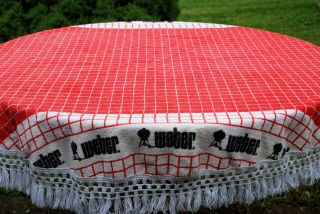 Vtg Tablecloth Weber Grill Red White Check Terry Cloth Fringe 60in Round Cookout
