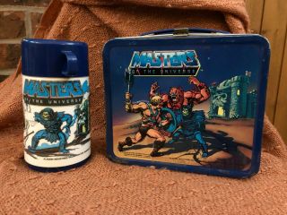 Vtg 1983 Masters Of The Universe Metal Lunch Box W/ Thermos He - Man Skeletor Motu
