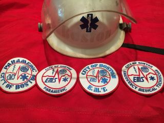 Vintage Boston Ems Paramedic Cairns White Fire Helmet Model 660 Emt & Patches