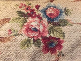 Vintage Nubby Barkcloth Shabby Cottage Ribbon Roses Floral Chic - Gorgeous 42 X 56