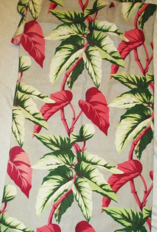 Vintage Bark Cloth Fabric Tropical Red &green/ White Oversized Leaves