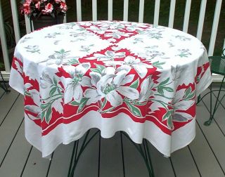 Vintage Print Tablecloth Red Green Gray Flowers