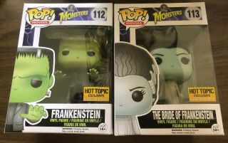 Funko Pop Frankenstein & The Bride Of Frankenstein - Hot Topic Exclusive - Gitd Glow
