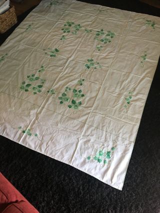 Vintage Cotton Tablecloth White With Green Ivy And Flowers 80x67