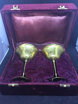 Vintage Pair Brass Wine Goblets Set Of 2 And Case 6 " Tall Made In India