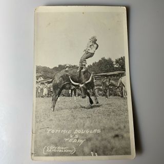 Rppc Real Photo Postcard Azo 1920s Rodeo Cowboy Tommie Douglas Vs Teddy Bull
