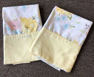 2 Vintage Pillowcases Yellow Pink Blue Floral King Size