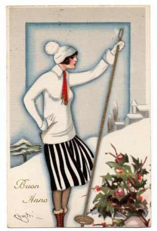 Merry Christmas Buon Natale Pole Art Deco Woman Chiostri Artist Signed Postcard