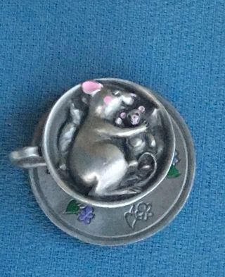 1984 Hudson Pewter Figurine Mouse Sleeping With Teddy Bear In Tea Cup W/saucer