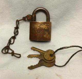 Vintage Brass Padlock W/chain & 3 Keys American Lock Co 271a " Set U.  S.  "