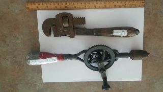 Antique Vintage Small Hand Crank And Wrench Drill Wood Farm Tools