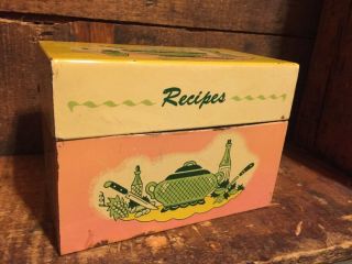 Vintage 50s Ohio Art Metal Tin 3x5 Recipe File Box Pink Mid Century Atomic Era